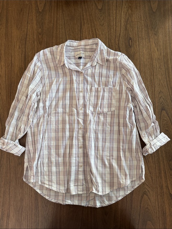 Universal Thread Tops - Universal Thread Cream Plaid Button-Up with Lavender Stripes